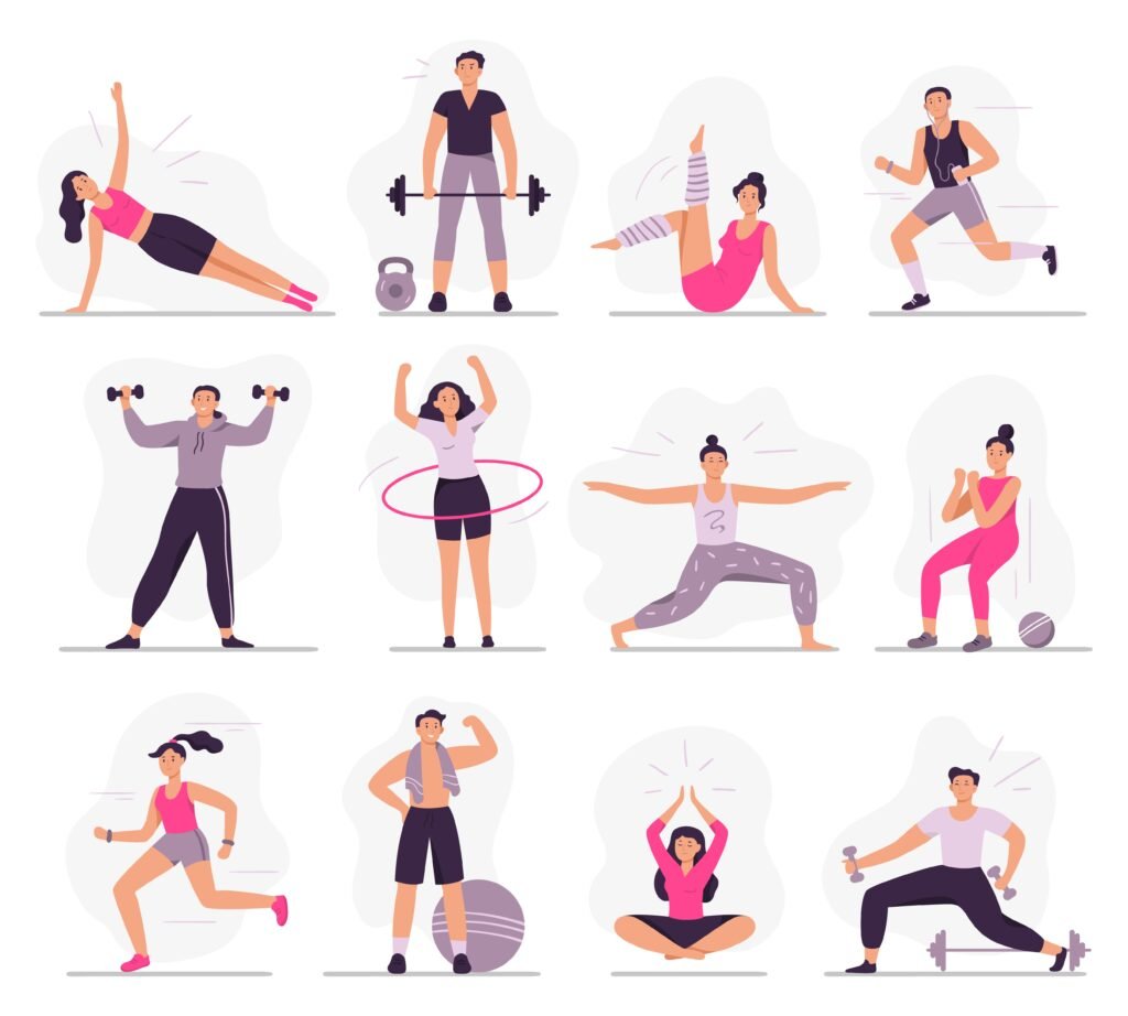 Sport people. Young athletic woman fitness activities, sports man and gym exercises vector illustration set - Saffron4health