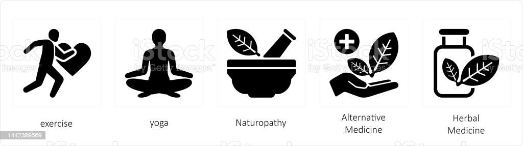 A set of 5 medical icons such as exercise, yoga, Naturopathy - Saffron4health